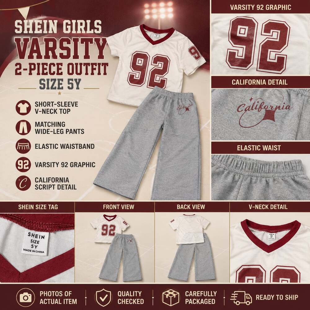 SHEIN Girls Varsity 92 Graphic V-Neck Short-Sleeve Top and Wide-Leg Pants 2-Piec